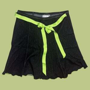 Rave Stretch Vintage Y2K Denim Mini Skirt with Lime Green Ribbon Tie